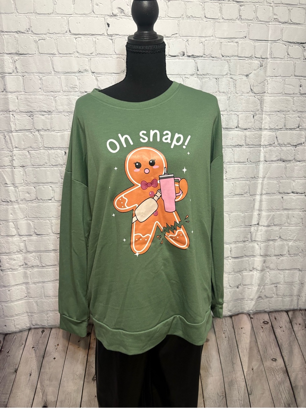 SHEIN Olive Green 'Oh Snap' Gingerbread Graphic Crewneck Sweatshirt